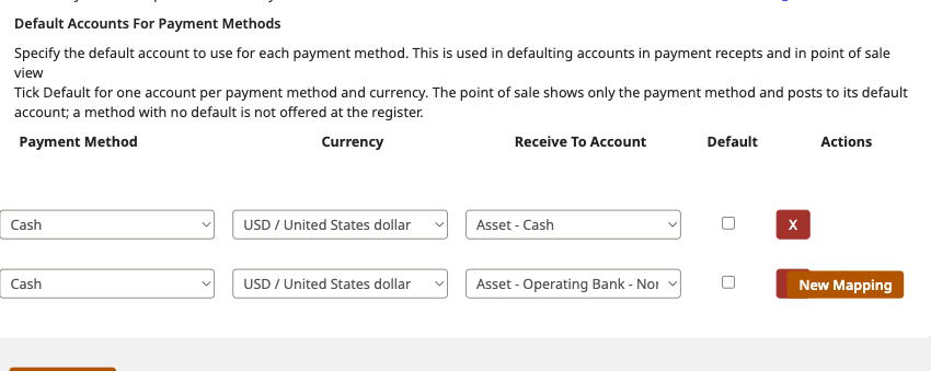Default Accounts For Payment Methods with no default ticked