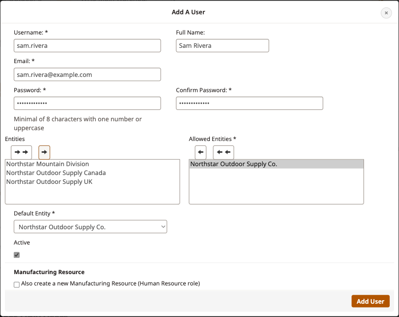 Add A User window for a new cashier