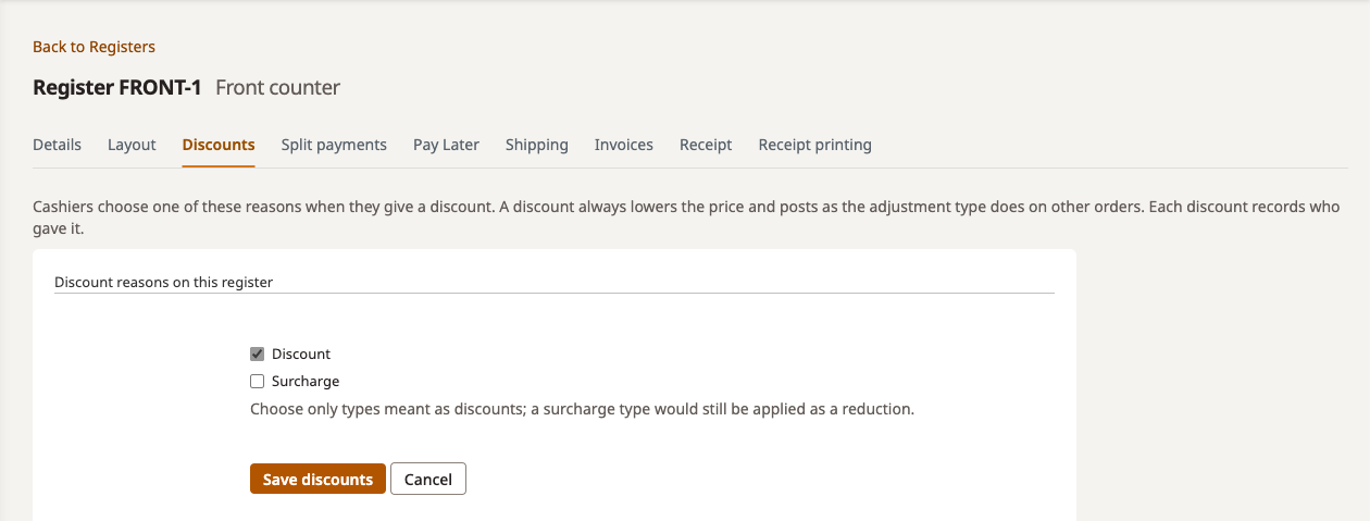 Register Discounts tab with the Discount reason ticked