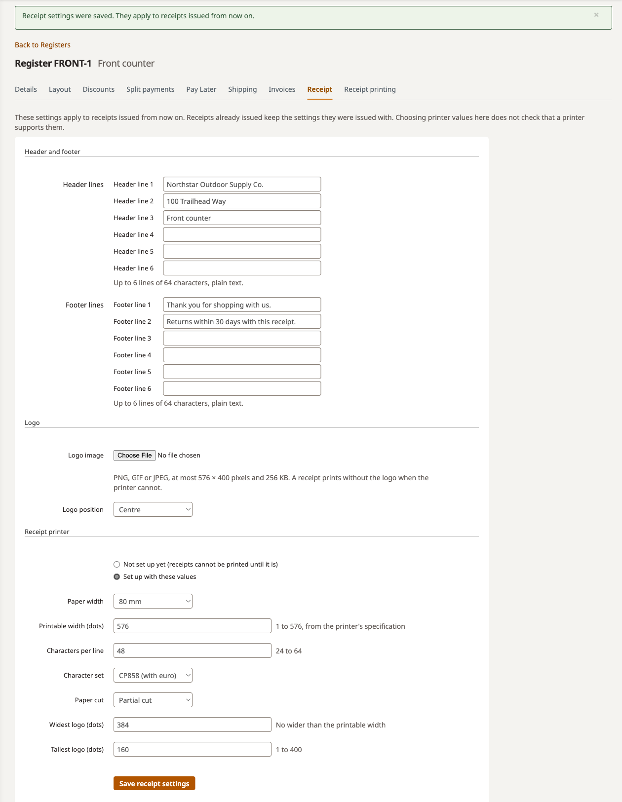 Register Receipt tab with header, footer and printer settings filled in