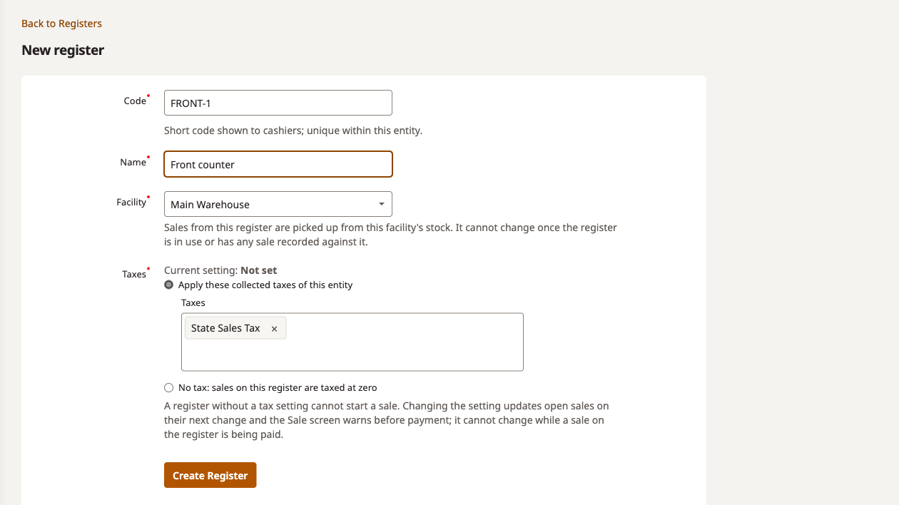 New register form with code, name, facility and taxes