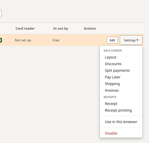 Register Settings menu: Layout, Discounts, Split payments, Pay Later, Shipping, Invoices, Receipt, Receipt printing, Use in this browser and Disable