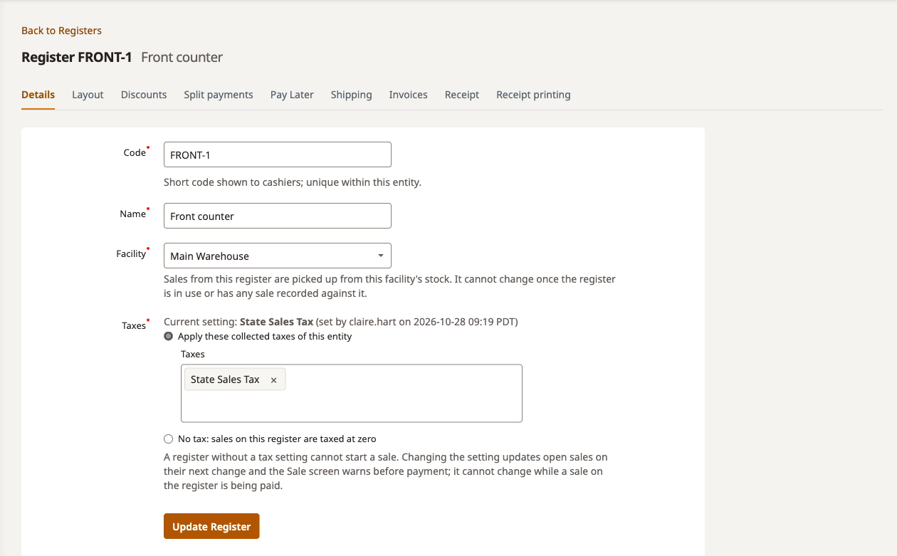 Register Details tab