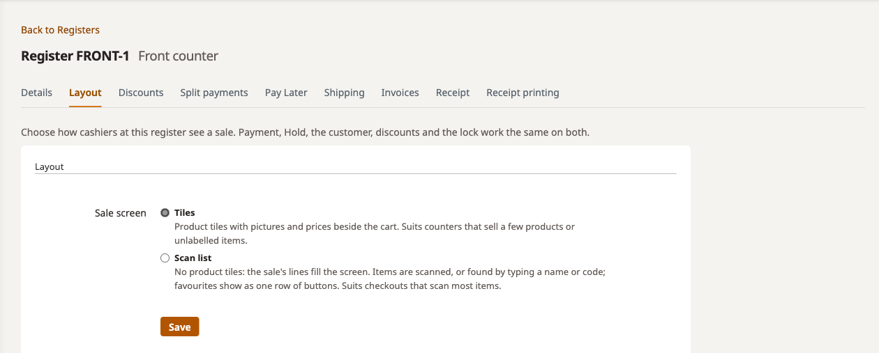 Register Layout tab with Tiles and Scan list
