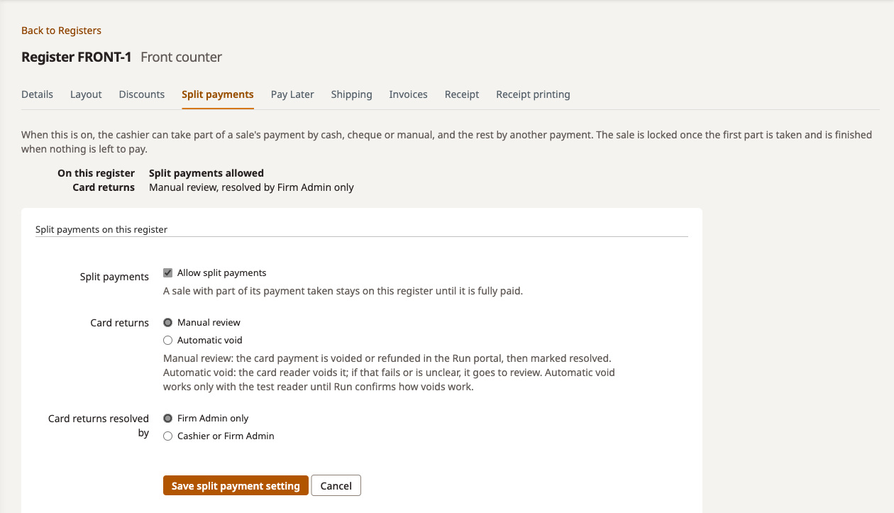 Register Split payments tab