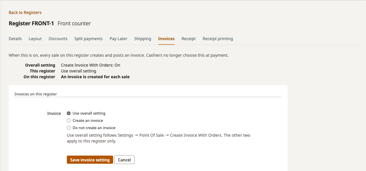Register Invoices tab