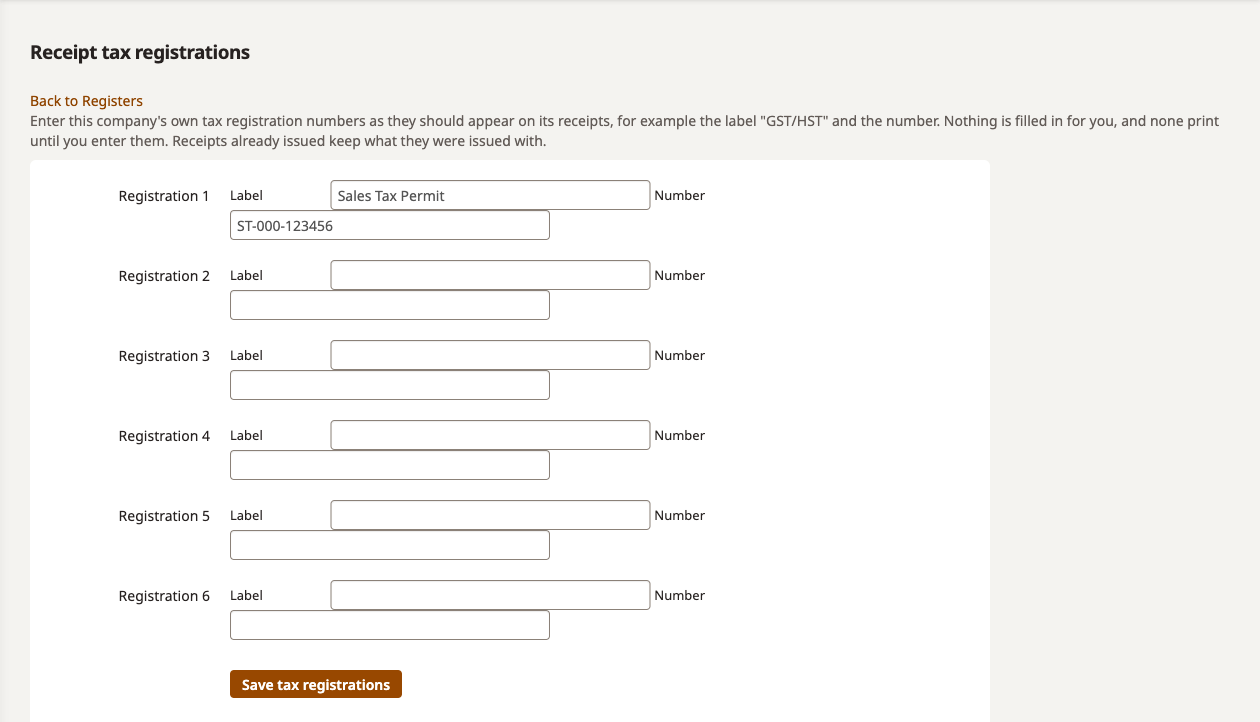Receipt tax registrations page