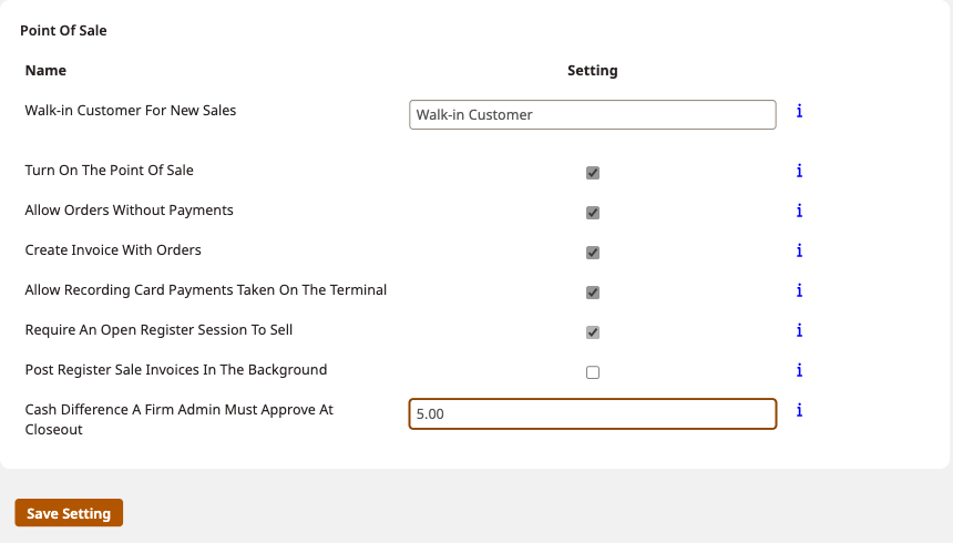 Point Of Sale settings filled in: walk-in customer chosen, Point of Sale on, register sessions required, 5.00 difference threshold