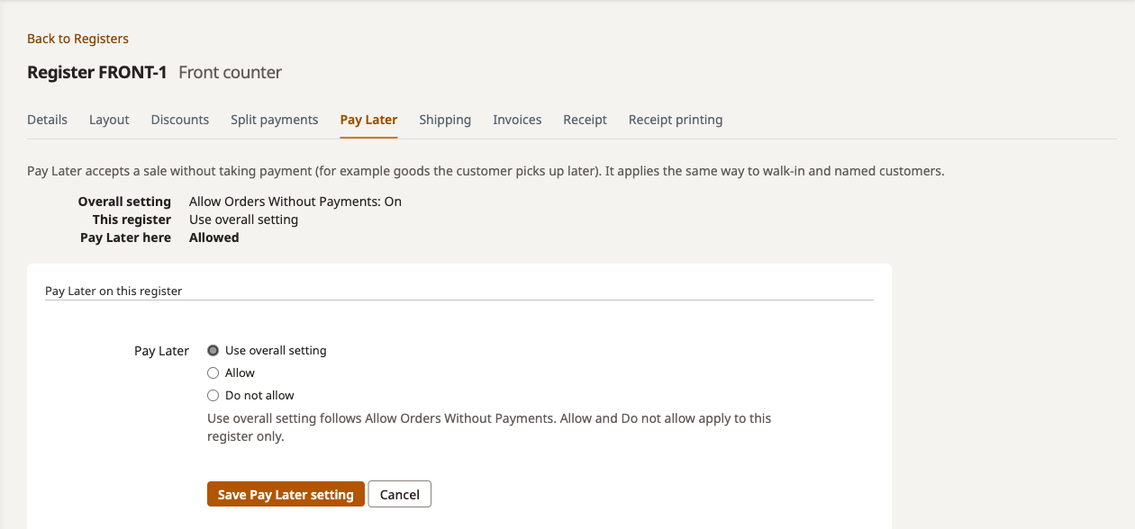 Register Pay Later tab