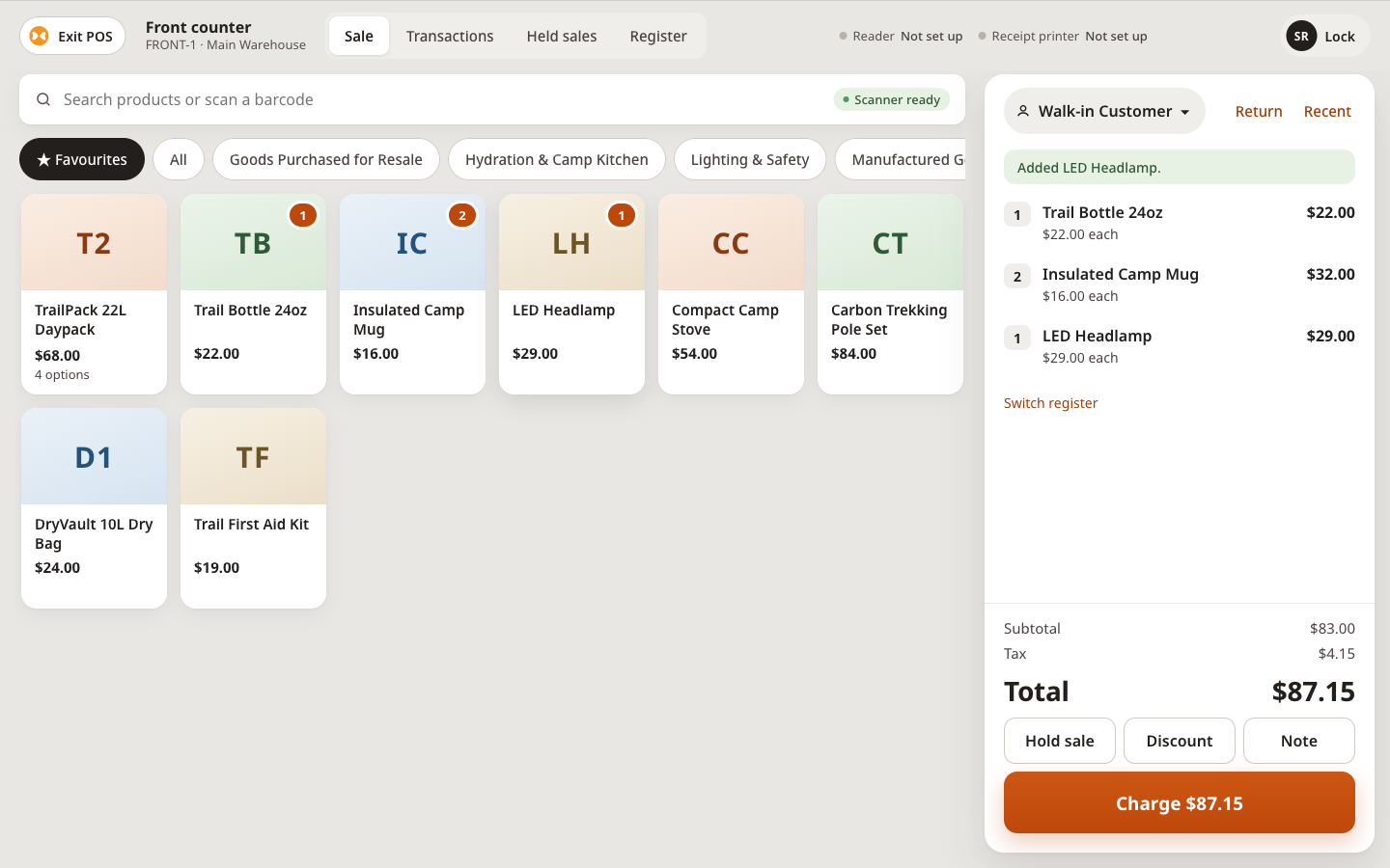 Sale screen with three products in the cart