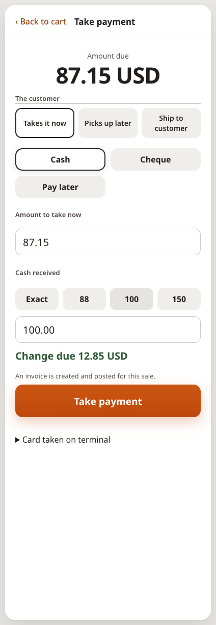 Take payment panel with 100.00 cash received and 12.85 change due