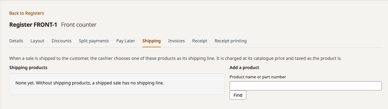 Register Shipping tab with no shipping products yet