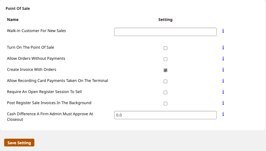 Point Of Sale settings panel before setup