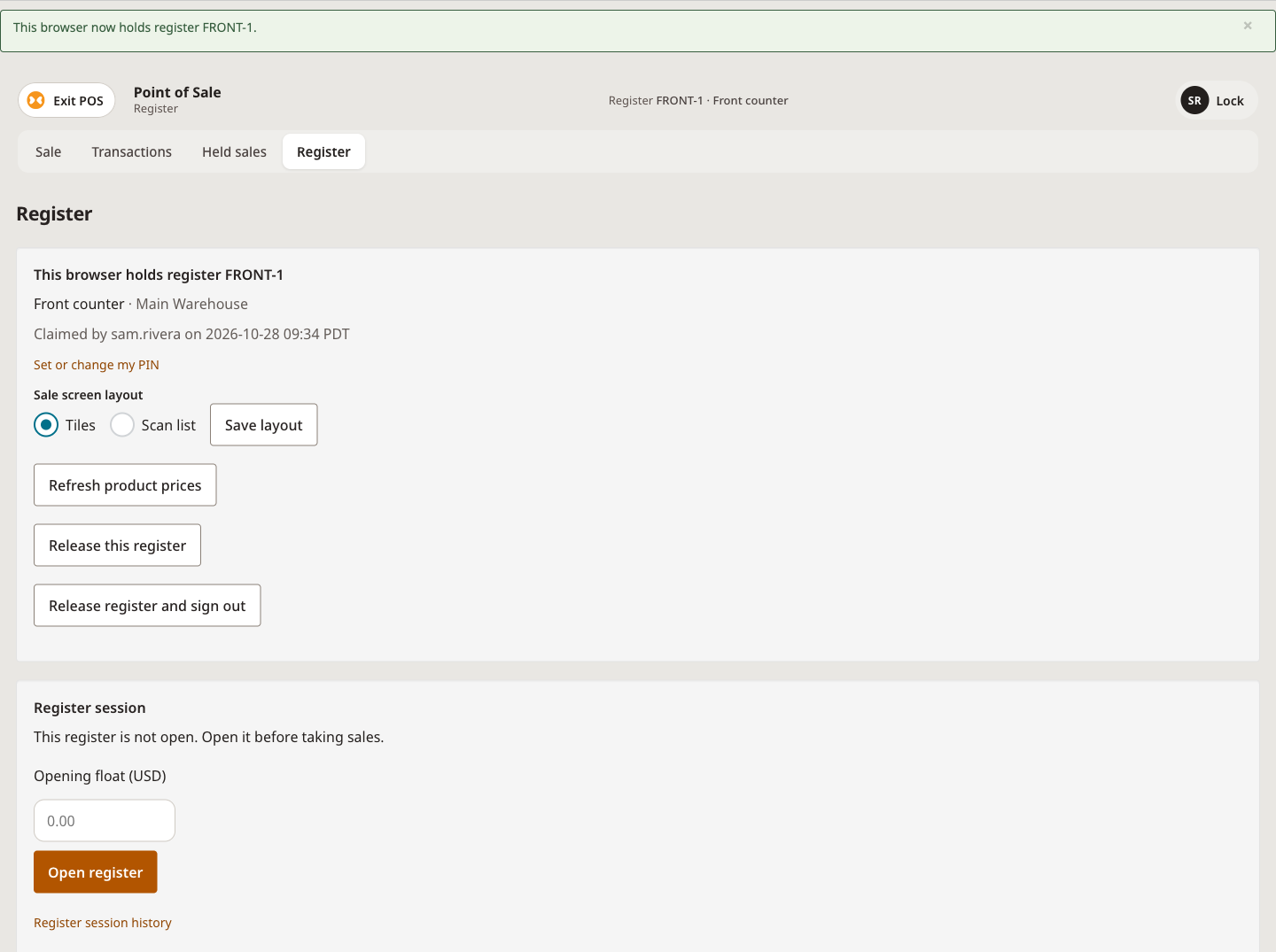 Register page after choosing the register, with the session not yet open
