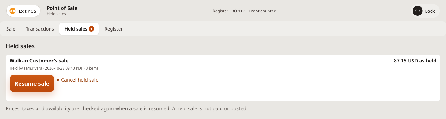 Held sales tab with one held sale