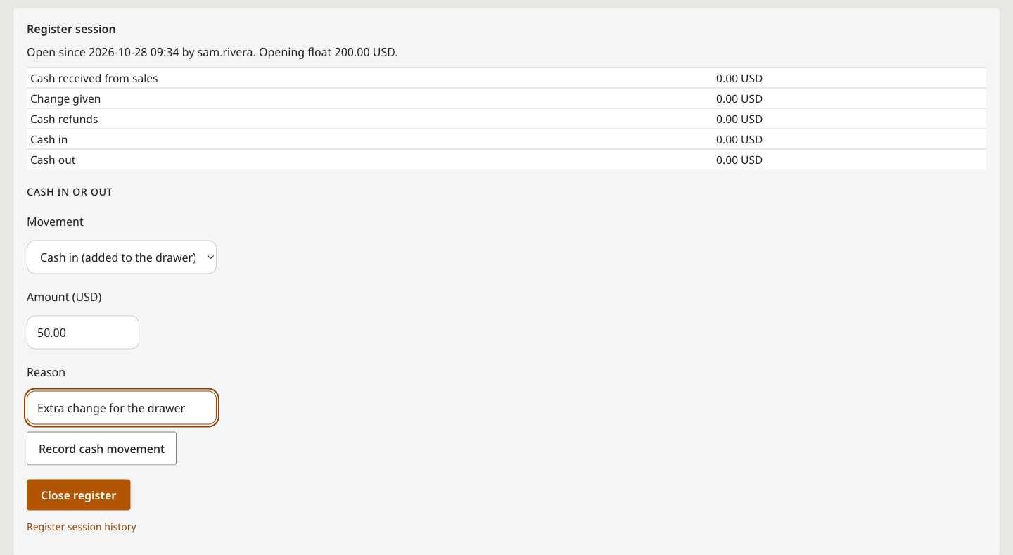 Register session totals and a 50.00 cash in being recorded