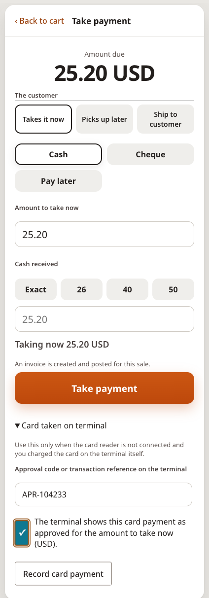 Card taken on terminal with an approval code entered