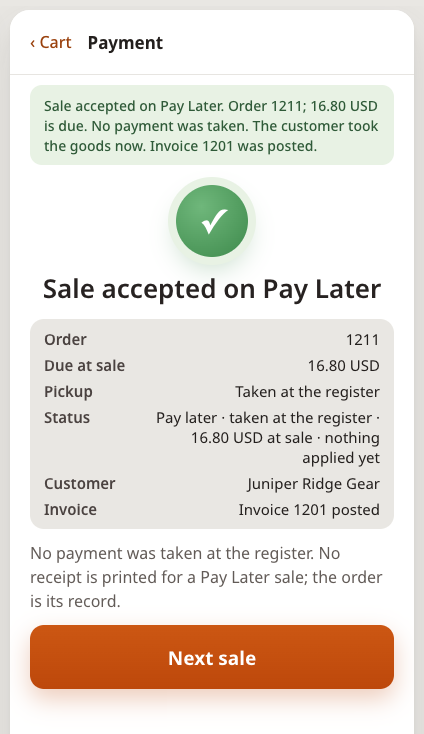 Sale accepted on Pay Later