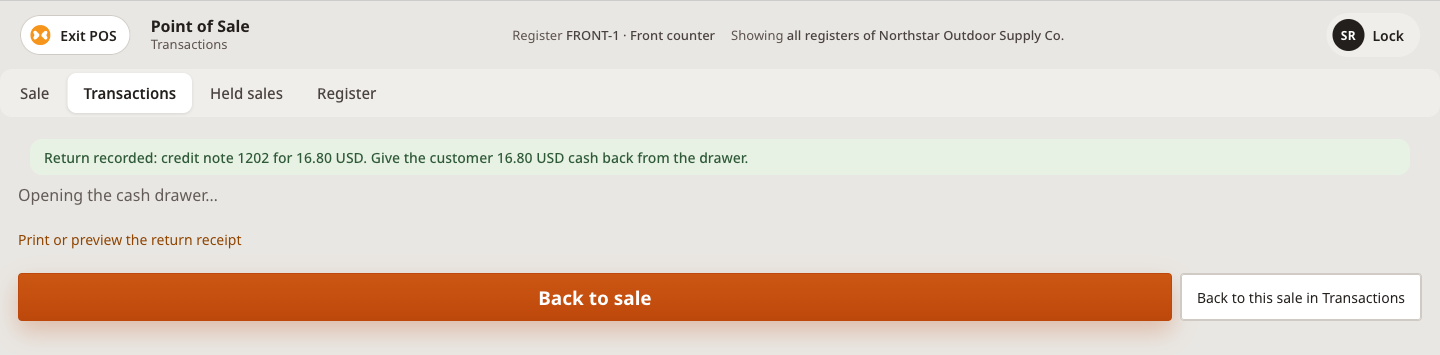 Return recorded with a credit note