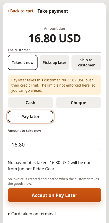 Pay later selected for a named customer