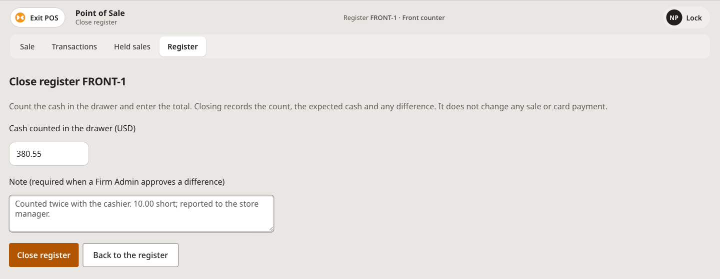 Firm Admin closing the register with a note