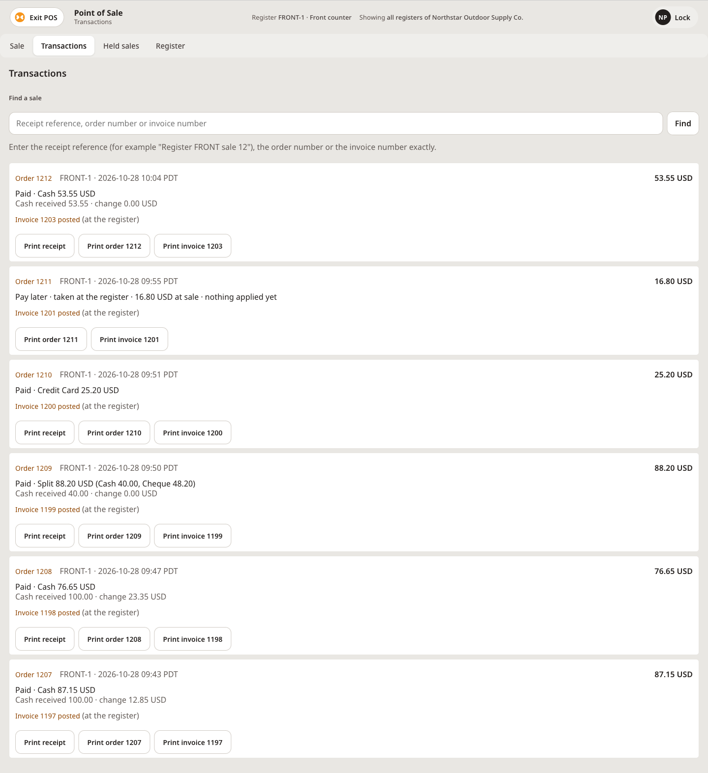Transactions list for all registers