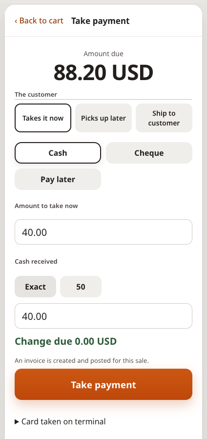 First part of a split payment: 40.00 in cash