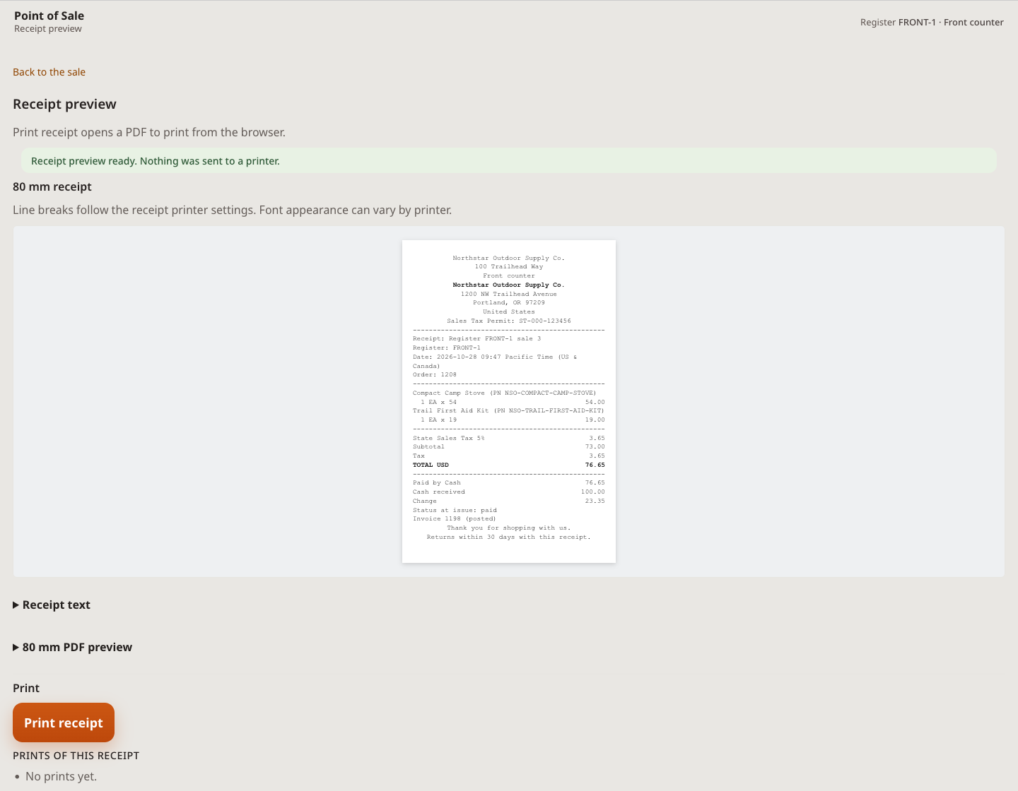Receipt preview for an 80 mm receipt