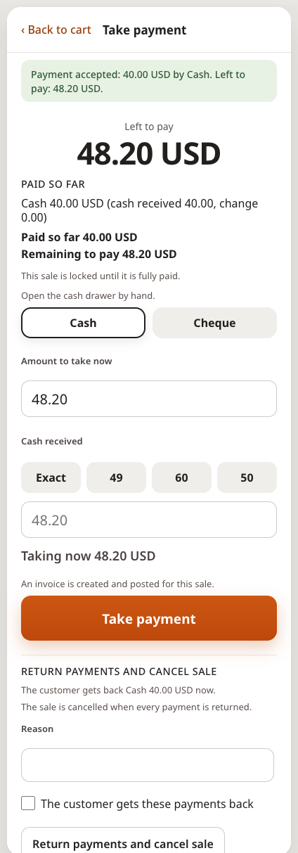 Split payment with 48.20 left to pay