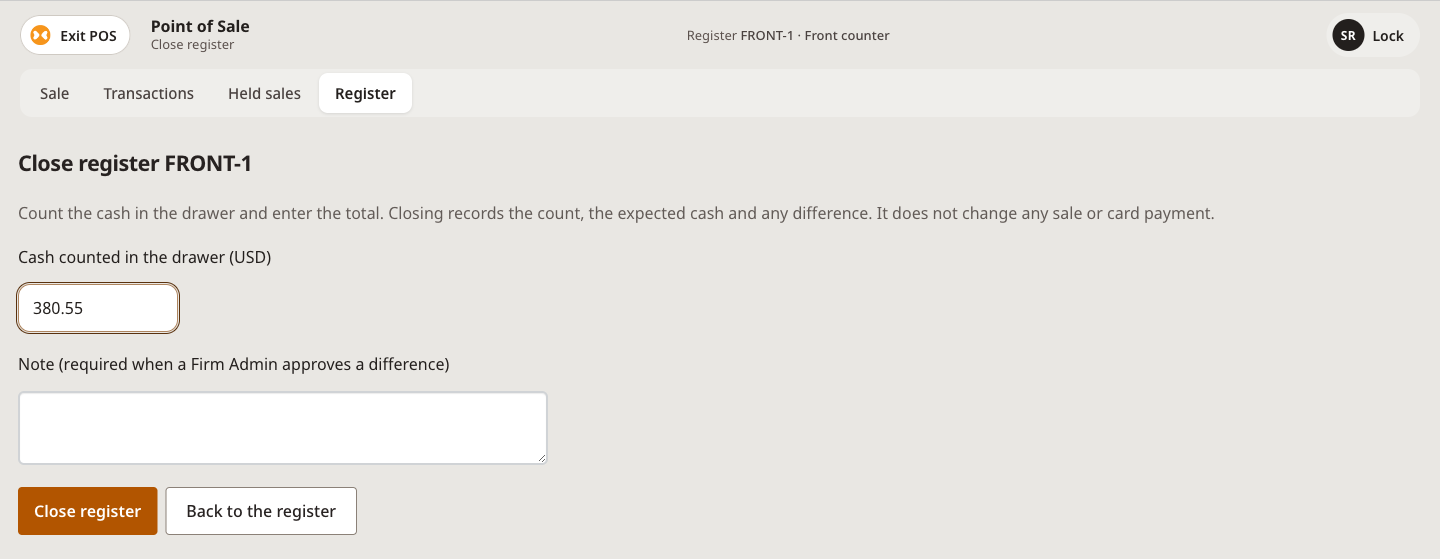 Close register with the counted cash entered