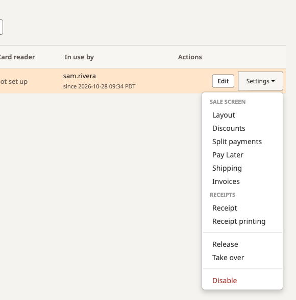 Register Settings menu with Release and Take over