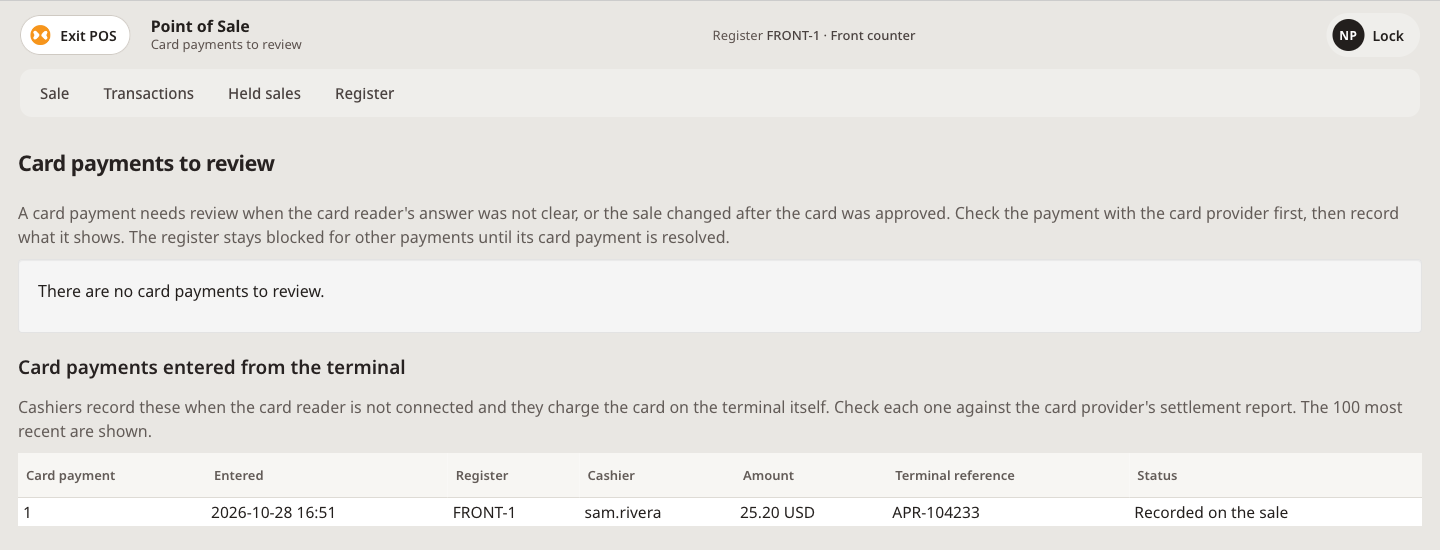 Card payments to review, with one card payment entered from the terminal