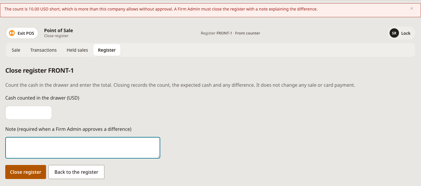 Close blocked: the count is 10.00 short and needs a Firm Admin