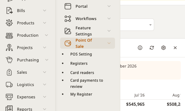 Setup menu with the Point Of Sale group: POS Setting, Registers, Card readers, Card payments to review and My Register