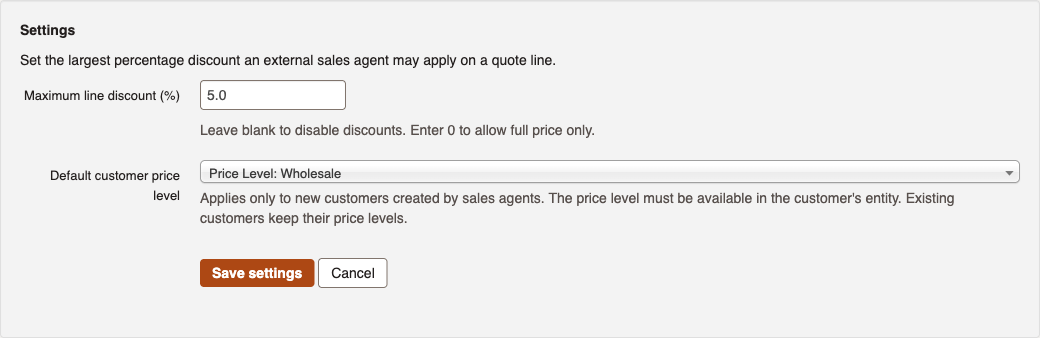 Portal settings showing a maximum line discount and a default customer price level