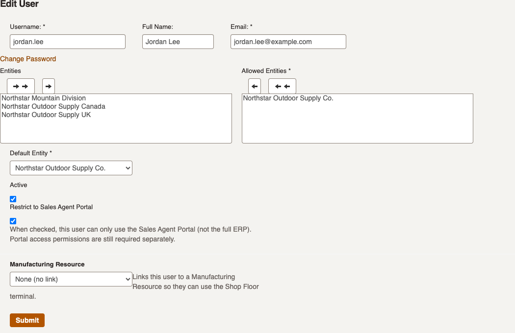 Example user record with allowed entity, Active and Restrict to Sales Agent Portal selected