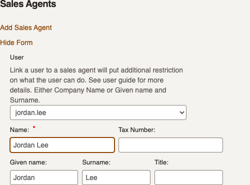 Sales agent setup with the representative's login selected in the User field