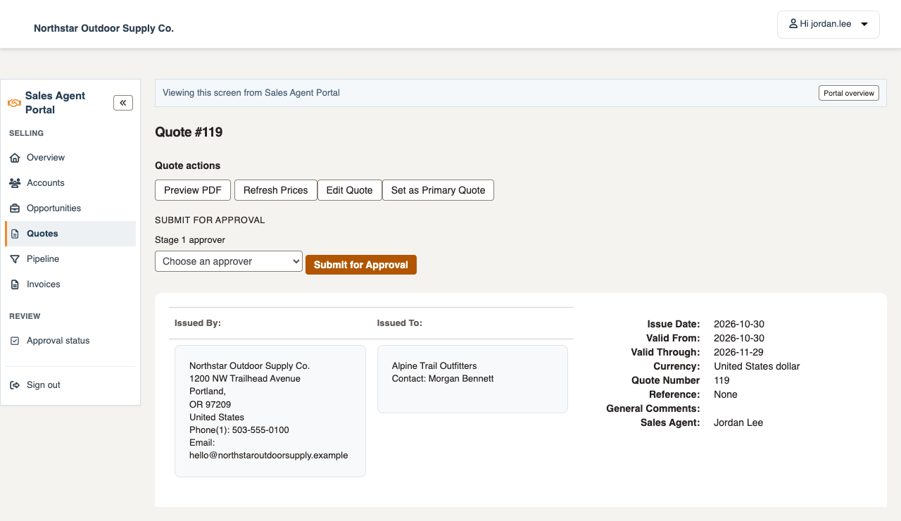 Portal quote view showing the current quote, preview and stage approver selection