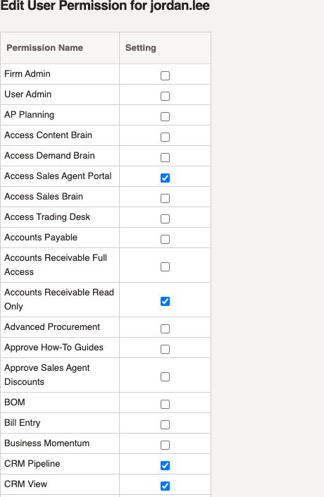 Permission screen showing Access Sales Agent Portal, invoice read access, CRM Pipeline and CRM View selected