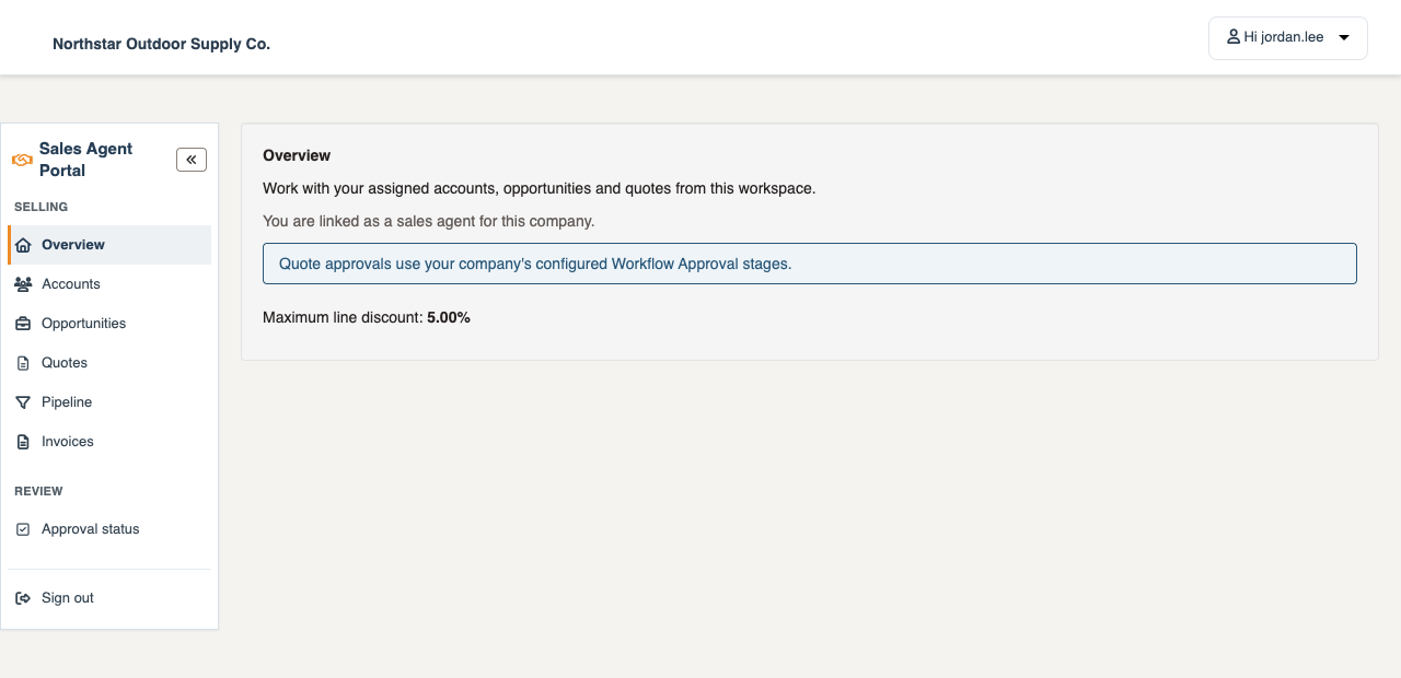 Sales representative's focused portal workspace and navigation